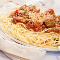 Spaghetti with Meatballs Marinara Sauce · Marinara sauce, spaghetti sauce, mushrooms, bell peppers and meatballs.