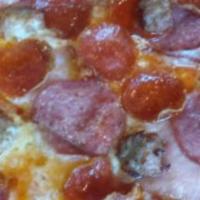 Meat Lovers Combo Pizza (Large) · Canadian bacon, pepperoni, salami, and Italian sausage.