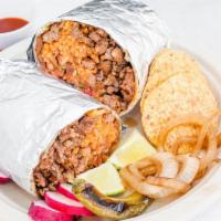 Burrito · Meat, beans, rice, pico de gallo.