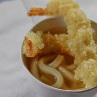 Tempura Udon · Thick noodles with Shrimp and vegetable tempura in dash soup.