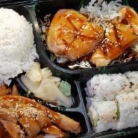 3 Item Bento Box · Choice from chicken teriyaki, beef teriyaki, california roll, Sushi, sashimi, gyoza, tempura...