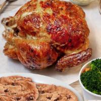 Whole Rotisserie Chicken Meal · Served with your choice of 3 sauces, 2 sides and 4 chocolate chunk cookies
