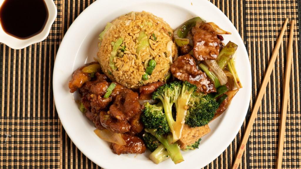 3 Items Combo · Fried rice and/or chow mein or steamed rice with three entrees.