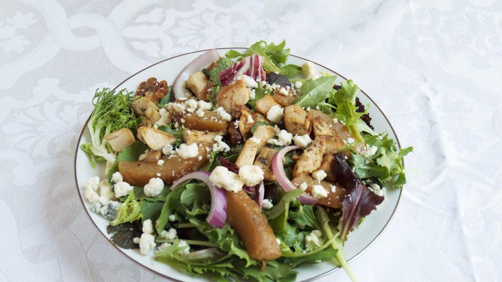 Melendez Salad · Your choice of greens baby spinach or spring mix with roasted pears, gorgonzola, red onions, and candied chipotle walnuts with a raspberry balsamic vinaigrette dressing.