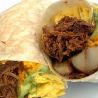 Pulled Pork Carnitas Breakfast Burrito · A nice number with onion marmalade, 2 eggs, low and slow pulled pork, melty cheddar, home fr...