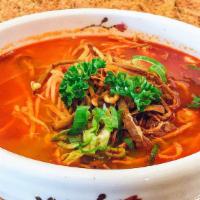 Spicy Beef Stew (육개장) · Spicy. Shredded beef brisket, glass noodles, green onion and egg in spicy beef broth.