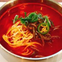 Spicy Beef Noodle Soup (육개장칼국수) · Shredded beef brisket, flour noodles, green onion and egg in spicy beef broth..spicy