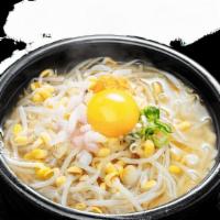 Soy Bean Sprout Soup (콩나물국밥) · Soy bean sprout, chopped squid, serano pepper, green onion and topped raw egg with our clear...