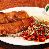 Pork Belly Wraps (보쌈) · Steamed thick-cut pork belly with fresh crisp napa cabbage, sliced radish. Make your own wra...