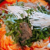 Moo Bong Ri Sausage Casserole (순대전골) · With pork sausage, bean sprouts, rice cakes and vegetables. spicy