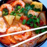 Tom Yum Noodle Soup · Vegan sea nuggets, organic tofu, mushroom, tomato & rice vermicelli in a delicious tom yum b...