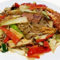 Korean Japchae · Yam noodle stir-fired with tofu, TVP, and a variety of vegetables in gluten-free soy sauce a...