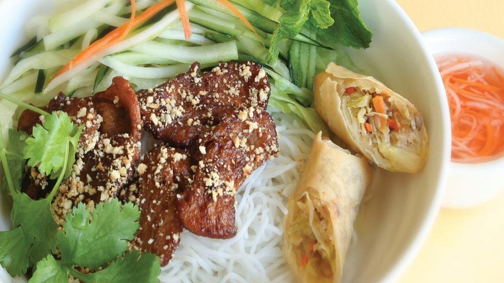 N10. Vermicelli Noodle & Spring Roll · Rice noodle, soy protein, organic tofu, organic carrot, lettuce, pickle,  bean sprouts, mint & peanuts served with sweet & sour sauce.