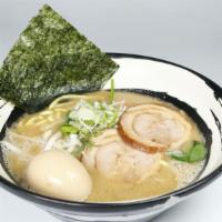 SHIO RAMEN · Ingredient: Natural Sea Salt flavor Tonkotsu clam soup, Negi, spinach, nori, kikurage mushro...