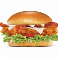 Hand-Breaded Bacon Swiss Chicken Sandwich · Premium, all-white chicken fillet, hand dipped in buttermilk, lightly breaded and fried to a...
