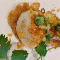 Bánh Ít Ram (3) · Three fried sticky rice dumplings with shrimp and pork.