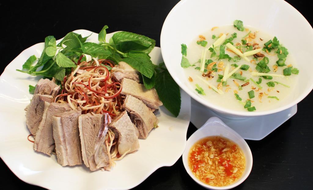 Cháo Gỏi Vịt or Gà · Porridge and duck or chicken salad cabbage and banana blossom.