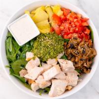 Thrive Pesto Salad · Spinach, artichokes, tomatoes, sauteed mushrooms, pesto, sesame seeds, vegan ranch dressing....