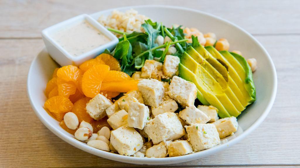 Thrive Chickpea Avocado Bowl · Mixed greens, chickpeas, avocado, roasted peanuts, mandarin oranges, creamy sesame dressing. Served with a base of your choice and either chicken or roasted sesame tofu.