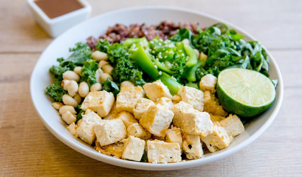 Thrive Bangkok Bowl · Mixed greens,sauteed mushrooms, peppers, basil,roasted peanuts, sesame seeds, peanut dressing, lemon wedge. Served with a base of your choice and either chicken or roasted sesame tofu. (Gluten-Free & Vegan)