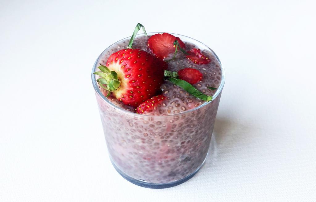 Thrive Strawberry Lemon Basil Chia Pudding · Chia seeds soaked overnight in dairy-free milk and sweetened with raw cane sugar. (Gluten-free, vegan.)