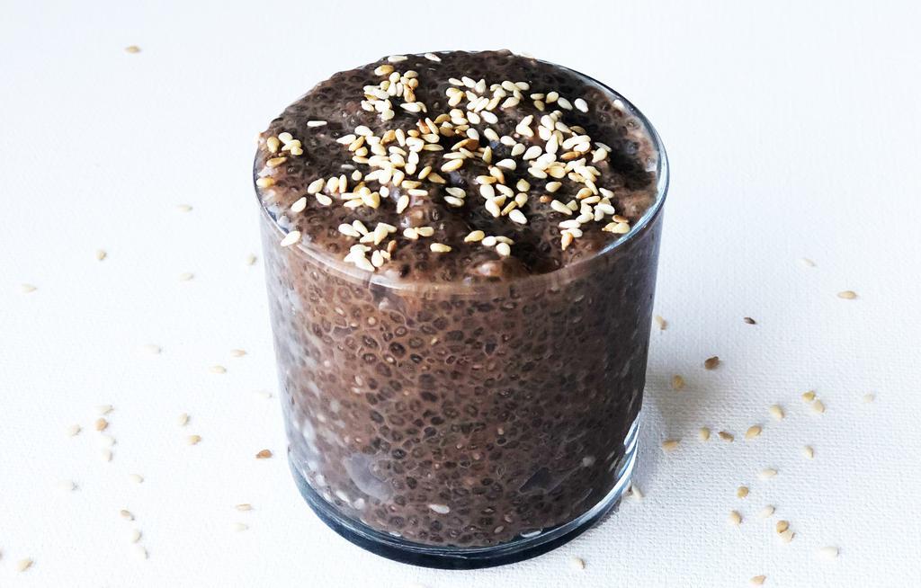 Nutella Chia Pudding · Chia seeds soaked overnight in dairy-free milk and sweetened with raw cane sugar. (Gluten-free)