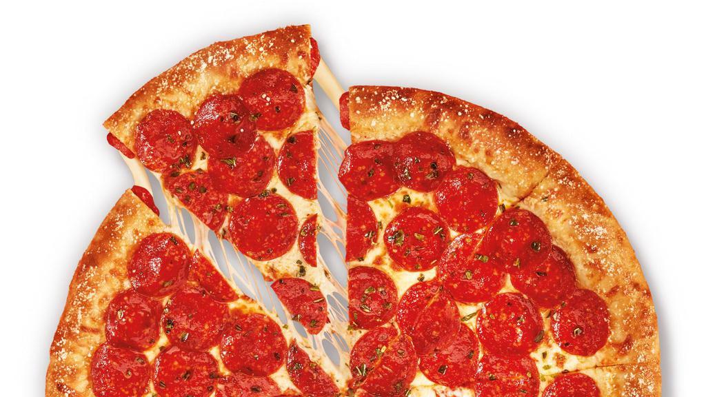 Extramostbestest® Stuffed Crust Pepperoni · Large round pizza with more Pepperoni and Cheese than our Classic pizza, plus a ring of cheese baked into the crust (3340 Cal)