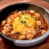 Mapo Tofu Omelet Don · Egg omelet over steam rice, topped with numbing spicy tofu and mist pork garnished with gree...