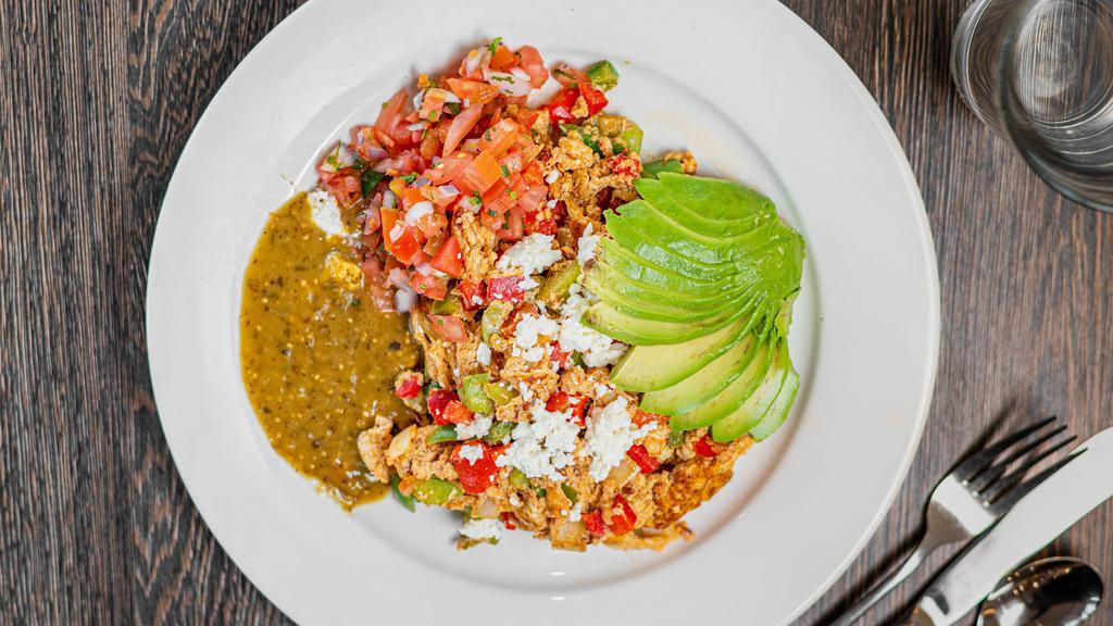 3 Chili Scrambl · Fresh chilies roasted red peppers, chipotles and grilled red onion, scrambled with 3 eggs and queso fresco on handmade corn tortilla, tomatillo salsa and pico de gallo. Add avocado for an additional charge.