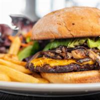 Warriors Burger · 1/2 lb ground beef with grilled red onions, mushrooms, avocado, cheddar and jack.