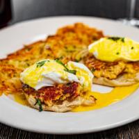 Crab Benedict · Crab cakes on an English muffin with poached eggs and spicy Cajun Hollandaise.