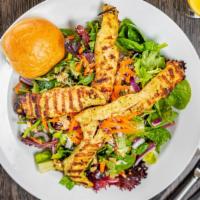 House Special Salad · Mixed greens served with ginger curry and marinated grilled chicken, red onion, mint, shredd...