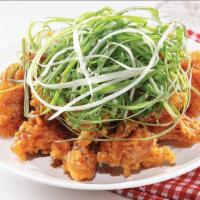 E. Crispy Green Onion Chicken · Crispy chicken tossed in honey, mustard, soy sauce topped with green onion.