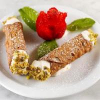 Cannoli; Mascarpone& pistachio · two mini cannolo with pistachio, chocolate & caramel