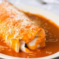 Wet Burrito Regular · RICE, BEANS, PICO DE GALLO AND YOUR CHOICE OF MEAT, BATHED WITH RED OR GREEN SALSA AND MELTE...