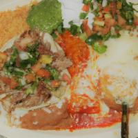 Relleno & Enchilada · RICE & BEANS, GUACAMOLE, SOUR CREAM
