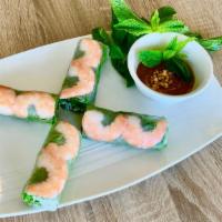 Fresh Shrimp Spring-rolls (2 long rolls) · With: 
 Steamed  Shrimp🦐 , Vermicelli, Lecture 🥬 , Mint 🌿, Peanut sauce  in Rice paper