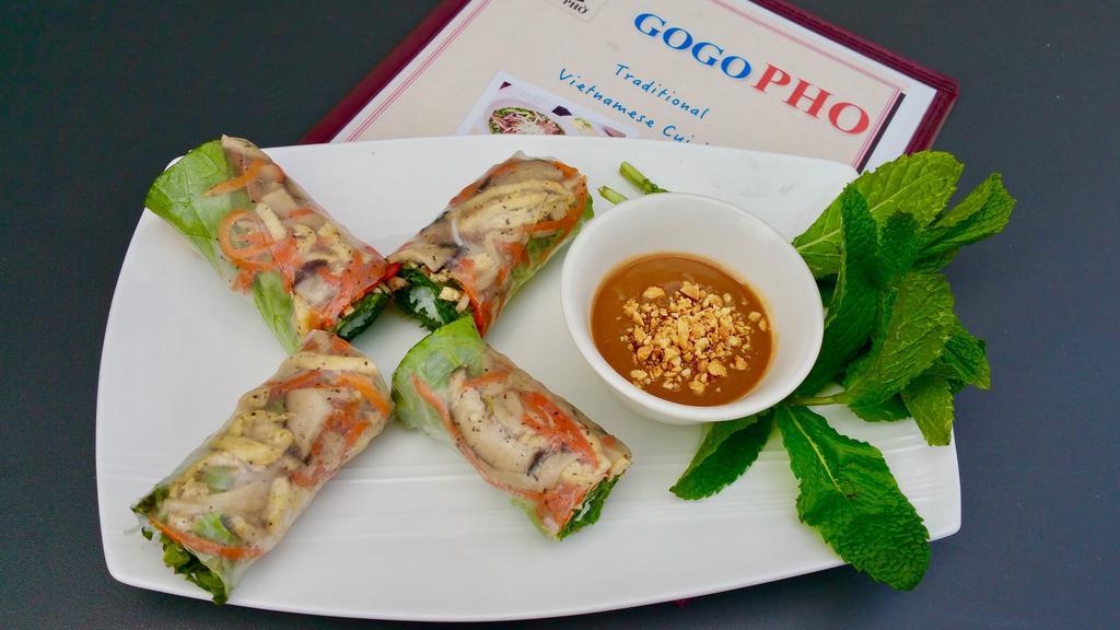 Fresh Vegetarian Spring-rolls (2 long rolls) · With: 
 Mushroom  🍄 , Tofu, Vegetables  , Vermicelli, Lecture 🥬 , Mint 🌿, Peanut sauce  in Rice paper
