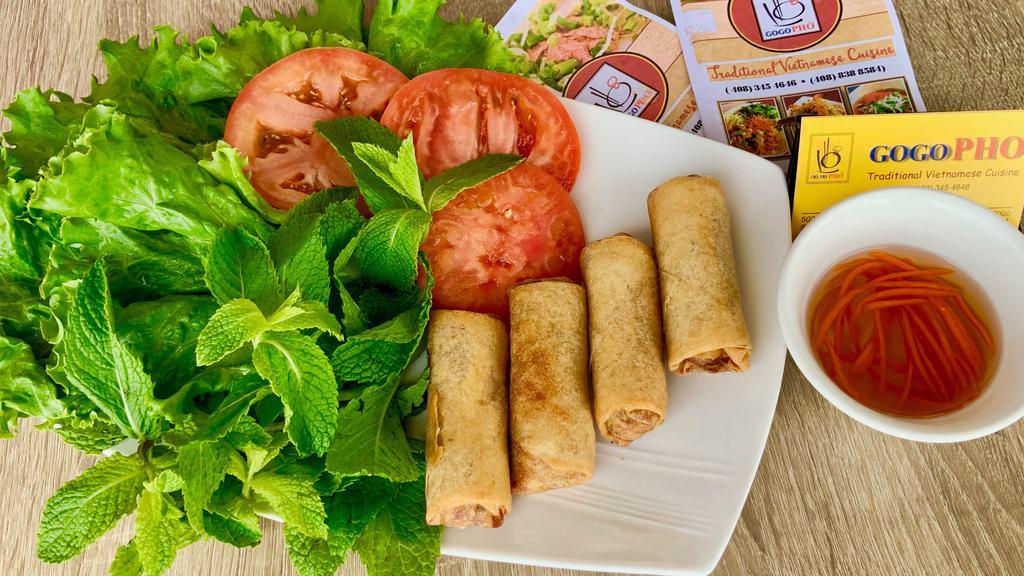 Crispy Vegetarian Rolls (4rolls) · With: 
   Mushroom 🍄 , Tofu, Vermicelli, Carrot 🥕 , Taro root, Lecture 🥬  , Mint 🌿 , Glass Noodle and Sweet & Sour Sauce