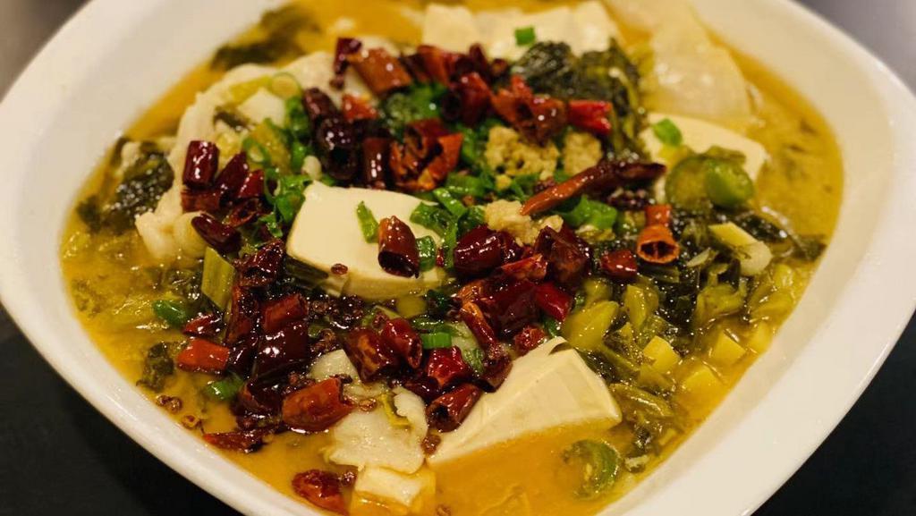 *酸菜豆花鱼 Sliced Fish Tofu Soup with Pickled Vegetables · Spicy.