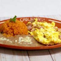 43. Huevos Con Ham · Served with rice, beans and tortillas corn or flaur.