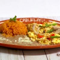 44. Machaca Chicken · Served with rice, beans and tortillas corn or flour.