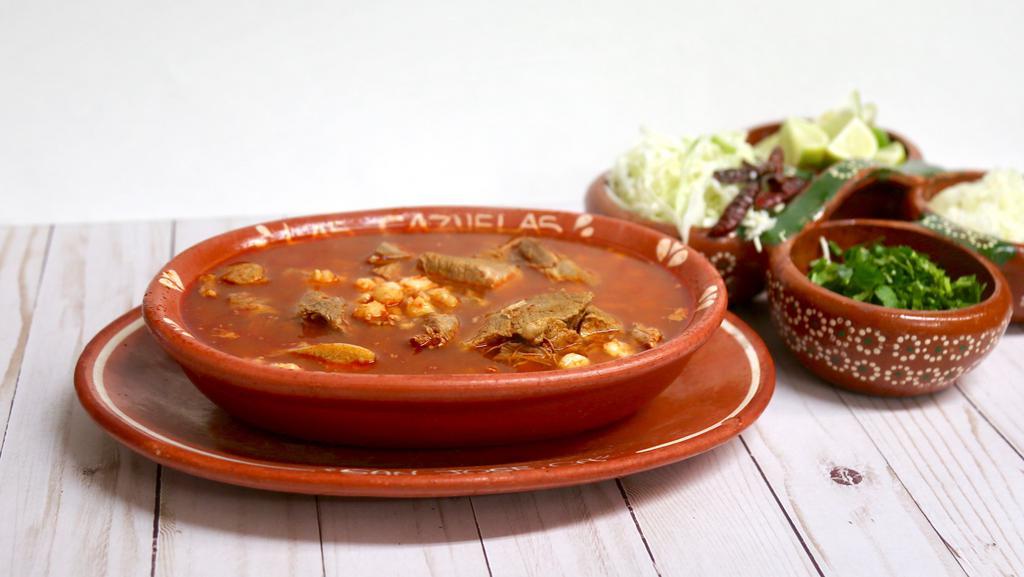Pozole Soup · Traditional Mexican pork soup served with corn or flour tortillas.