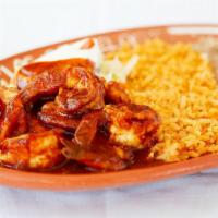 37. Camarones a La Diabla · Shrimp spicy, served with rice, beans and corn or flour tortillas.