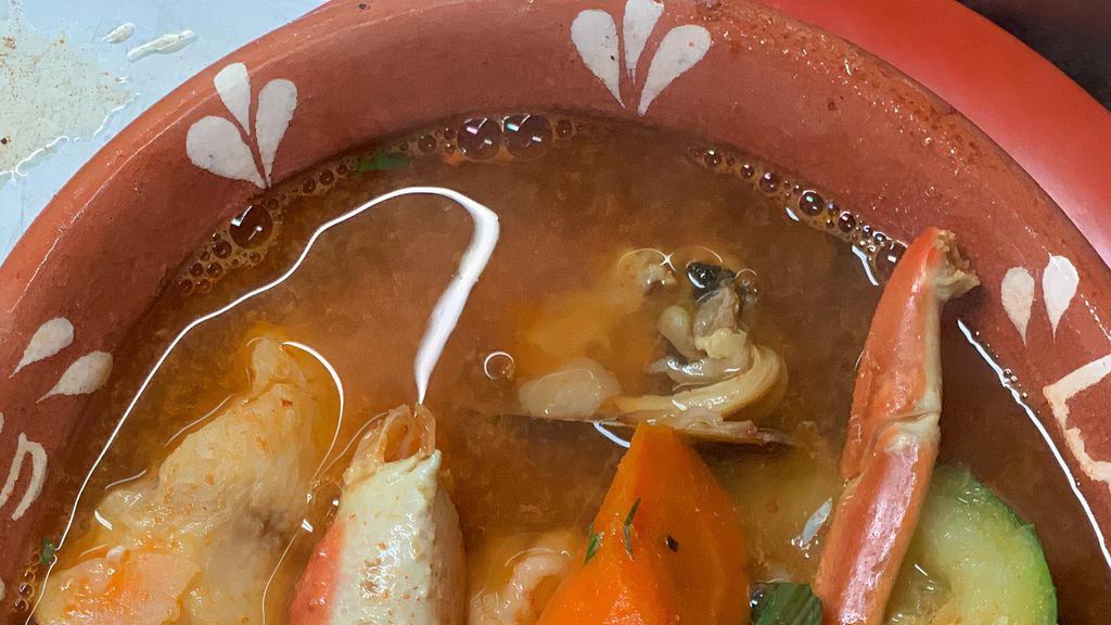 Caldo 7 Mares · See food  Fish, octopus, crab, shrimp, Soup with vegetables,  corn or flour tortillas.