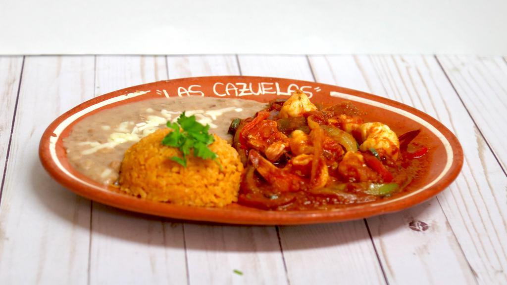 36. Camarones Rancheros · Shrimp sauteed with tomatoes sauce and bell pepper, served with rice, beans and tortillas corn or flour.