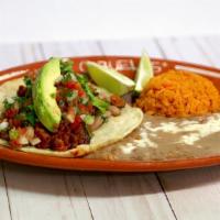3. One Soft Taco Platter · Corn tortilla,  choice of meat (chicken, steak or carnitas) topped with avocado and pico de ...