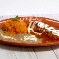 13. One Enchilada Suiza Platter · One Chicken and sour cream. Enchilada, (tomatoes sauce) with rice and beans.