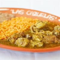 25. Chile Verde Plate · Tradicional pork chile verde   rice, beans and  corn or flour tortillas