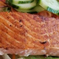 TERIYAKI SALMON & SALAD · fresh salmon fillet grilled to perfection, lacquered in our own house-made teriyaki sauce on...